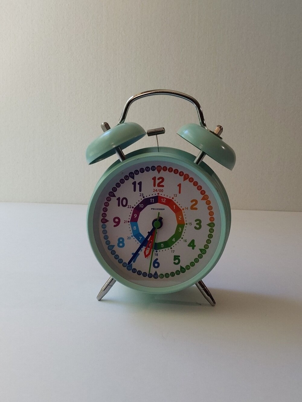 Mint Green Twin Bell Alarm Clock with Rainbow Dial